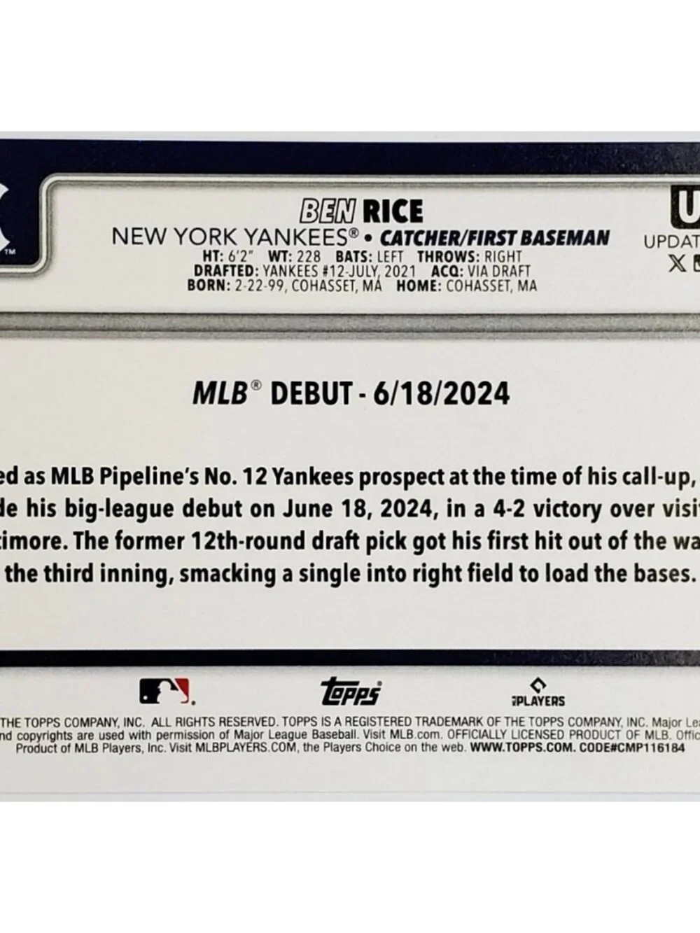 BEN RICE ROOKIE "SANDGLITTER" VARIATION 2025 TOPPS UPDATE #US25, YANKEES - Picture 2 of 3